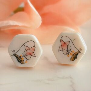 Handmade and Painted Floral Hexagonal Porcelain  Earrings